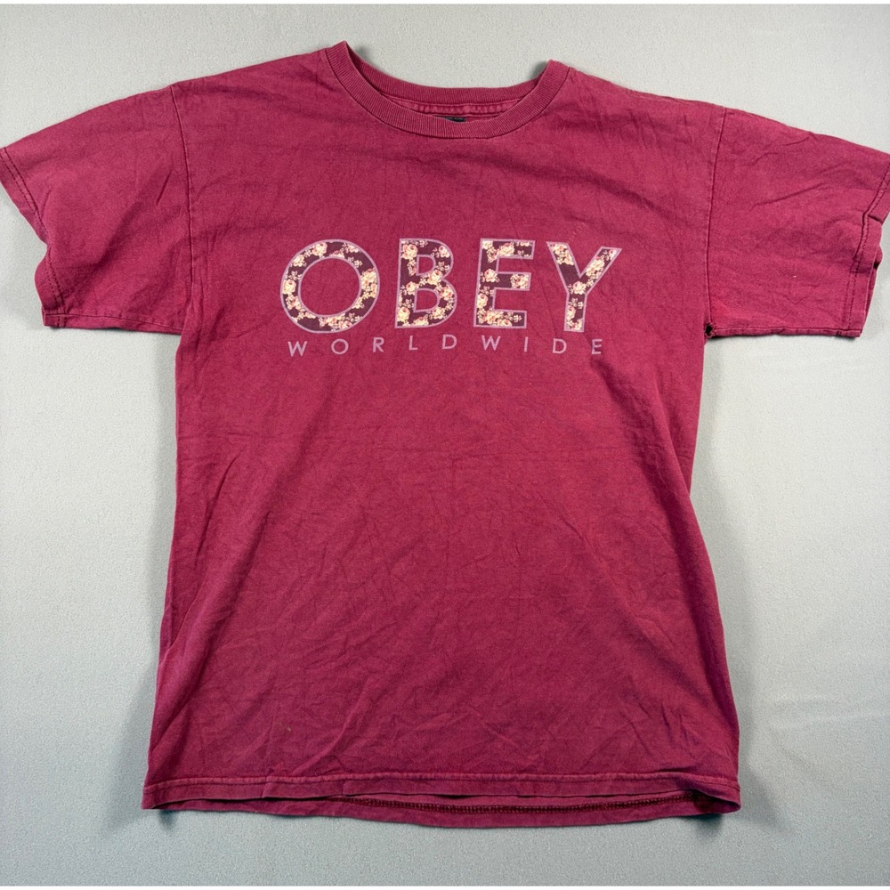 Obey Worldwide Floral Logo Graphic T-Shirt Burgundy Maroon Mens Small